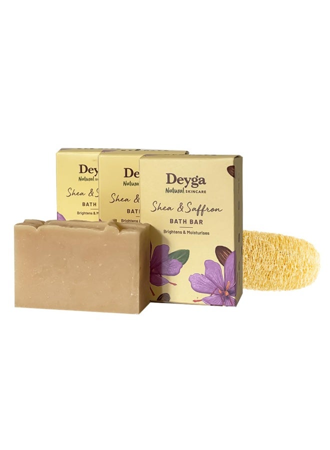 Deyga Organic Handmade Soap | Shea Saffron Bath Bar | Anti-Ageing | Loofah |Moisturises the Skin 100g Pack of 3 + 1 Loofah - Image 1